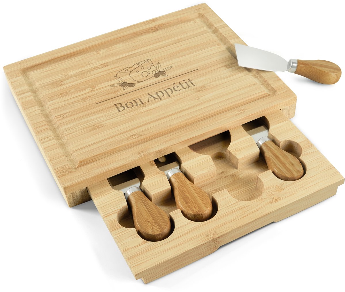 Kaasmesjes set met gegraveerde houten snijplank - Kaasplank met breed mes, dun mes, vork en puntig mes - Perfect voor een kaasliefhebber