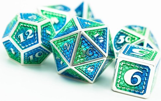 Lapi Toys - Dés Dungeons and Dragons - Dés D& D&D - Polydice métal D&D - 1 set (7 pièces) - Métal - Vert - Blauw