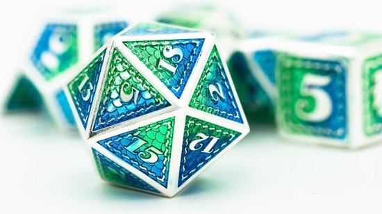 Lapi Toys - Dés Dungeons and Dragons - Dés D& D&D - Polydice métal D&D - 1 set (7 pièces) - Métal - Vert - Blauw