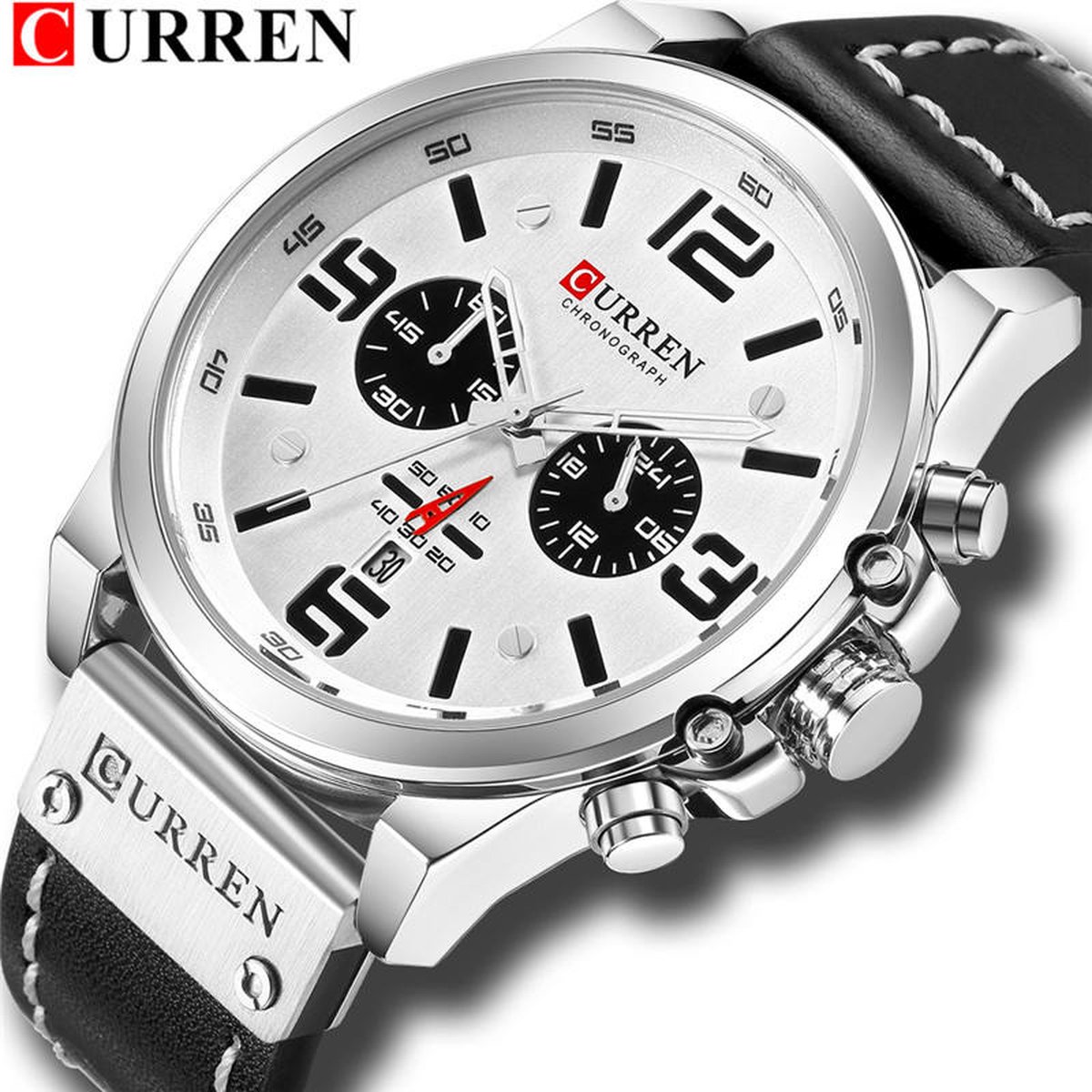 CURREN Horloge voor Mannen-Heren - Lederen Band - Jongens Horloges - Zilver-Wit - Ø 47 mm