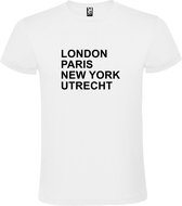 Wit T-shirt 'LONDON, PARIS, NEW YORK, UTRECHT' Zwart Maat 4XL
