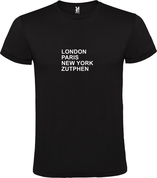 Zwart T-shirt 'LONDON, PARIS, NEW YORK, ZUTPHEN' Wit Maat 4XL