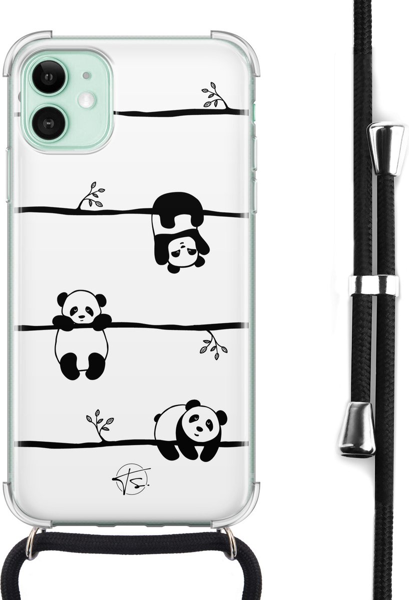 Hoesje met koord geschikt voor iPhone 11 - Panda - Inclusief zwart koord - Crossbody beschermhoes - Transparant, Wit - Mooie Telefoonhoesjes