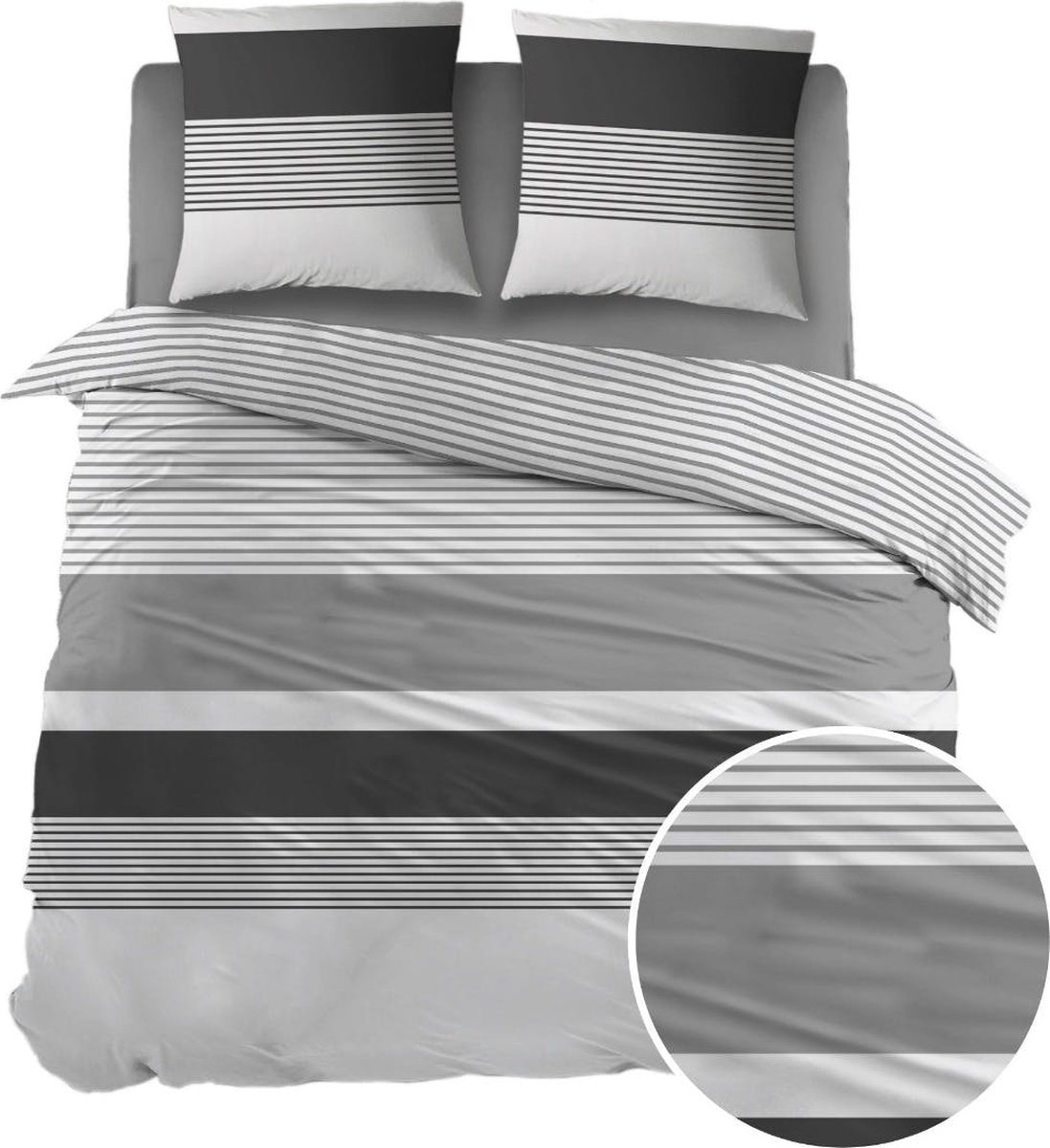 Sleepnight Dekbedovertrek - Gris Strepen Flanel - B 240 x L 220 cm - Lits-jumeaux - 003366-B 240 x L 220 cm