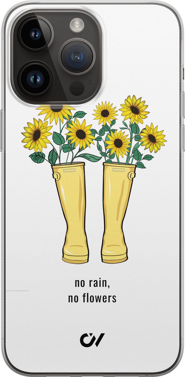 iPhone 14 Pro Max hoesje siliconen - No Rain, No Flowers - Tekst - Geel - Apple Soft Case Telefoonhoesje - TPU Back Cover - Casevibes