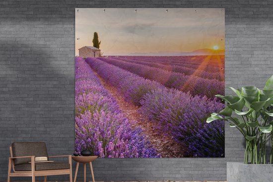 Affiche de jardin lavande - Coucher de soleil - Fleurs - Violet - Toile de jardin - Toile de clôture - Peinture jardin extérieur - Décoration clôture - 200x200 cm - Décoration de jardin - Jardin - Poster extérieur