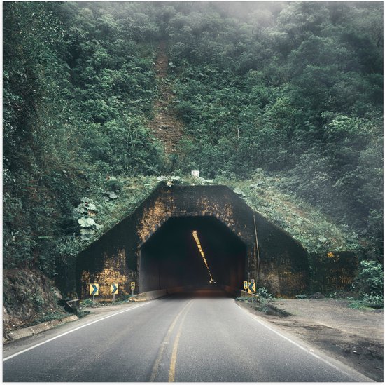 WallClassics - Poster Glanzend – Weg richting Tunnel in Berg - 100x100 cm Foto op Posterpapier met Glanzende Afwerking