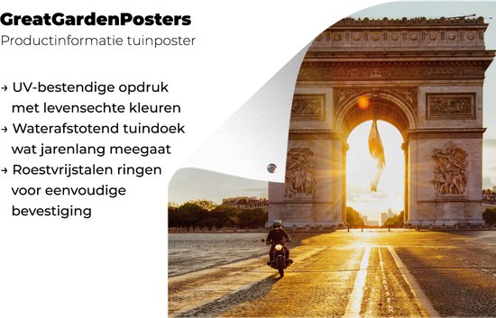 Le soleil éclatant qui brille à travers l'Arc de Triomphe sur une place calme en France Affiche de jardin 160x120 cm - Toile de jardin / Toile d'extérieur / Peintures d'extérieur (décoration de jardin) XXL / Groot format!