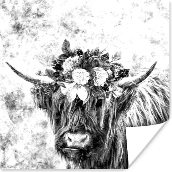 Poster Schotse hooglander - Bloemen - Zwart - Wit - 30x30 cm