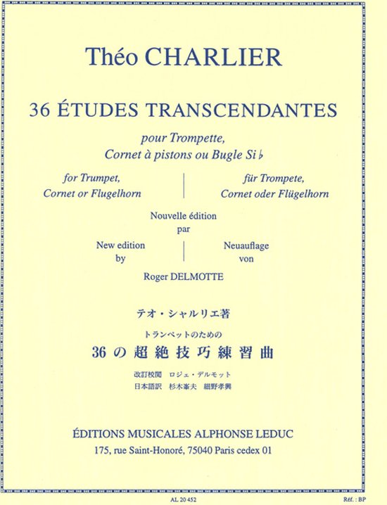 Boekcover met '36 Études Transcendantes' door Théo Charlier. Muziek voor trompet, cornet of bugel. Uitgegeven door Alphonse Leduc.