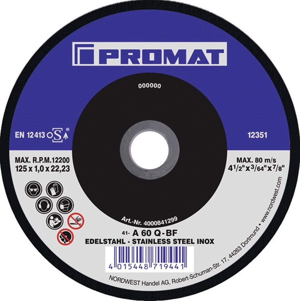 Promat doorslijpschijf voor RVS - 125x1x22,23mm