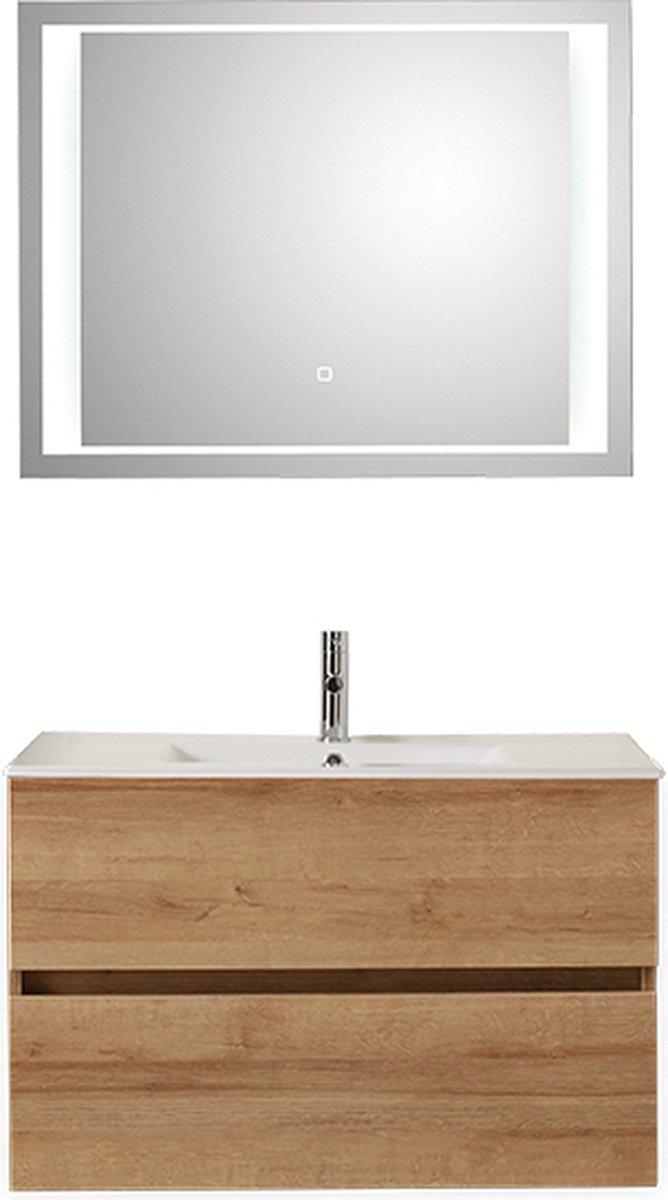 Badkamermeubel Pelipal Cento 121 cm wastafelonderkast greeploos met luxe spiegel Eiken Ribbeck met 2 kraangaten