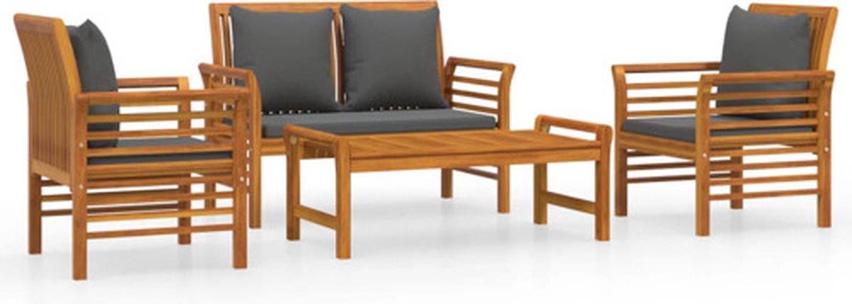 vidaXL 4-delige - Loungeset - met - kussens - massief - acaciahout Donkergrijs