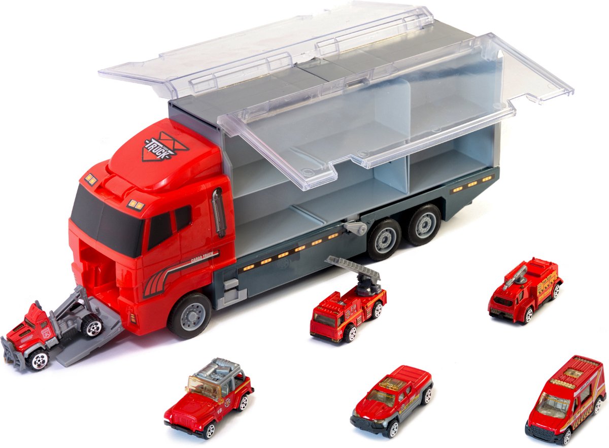Vrachtwagen Vrachtauto Brandweervrachtwagen BrandweerTransport Auto- met Brandweerauto, Ambulance Auto, Ladderauto, Pick Up Auto, Sleepauto - 6 Brandweer Gerelateerde Auto's - Metalen Auto's — afbeelding 2