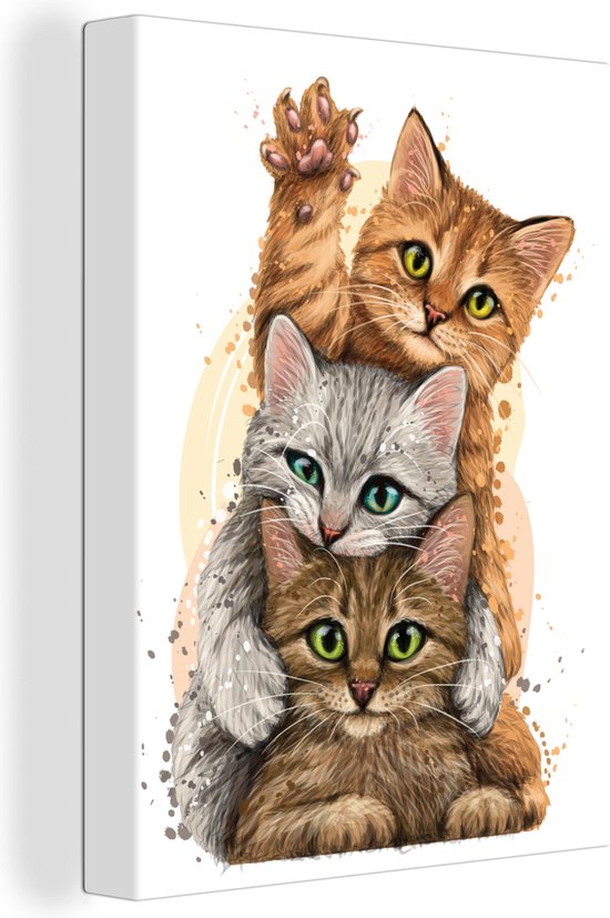 Canvas - Illustratie - Kittens - Katten - Dieren - Tekening - Canvas schilderij - 60x80 cm - Kamer decoratie
