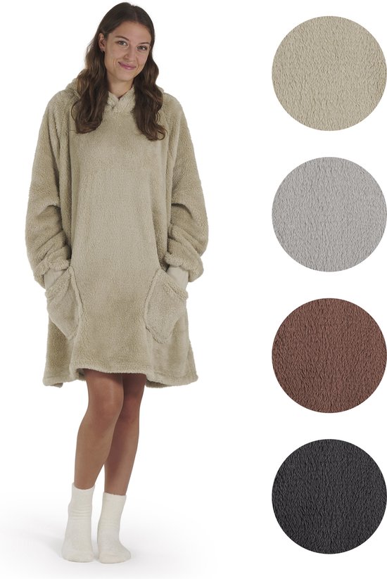 Blumtal Fleece Hoodie Deken met Mouwen - Draagbare cosy deken - hoodie deken met 2 voorzakken en capuchon - zand