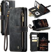 CaseMe - Telefoonhoesje geschikt voor iPhone 14 Plus - Wallet Book Case met ritssluiting - Magneetsluiting - Zwart