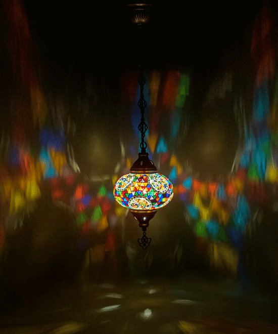 Hanglamp - Mozaïek Lamp - Oosterse Lamp - Turkse Lamp - Marokkaanse Lamp - Ø 15 cm - Hoogte 53 cm - Handgemaakt - Authentiek - bonte kleuren
