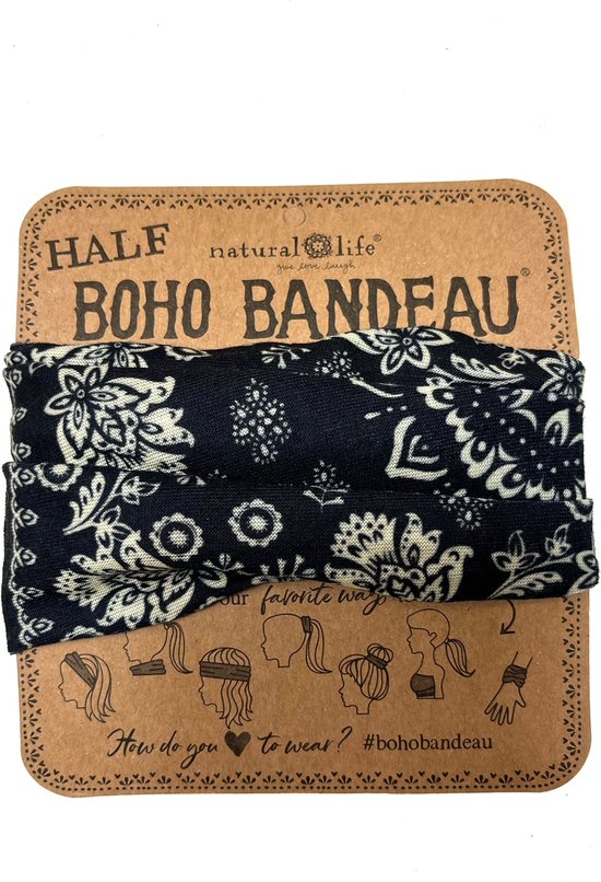 smalle zwarte Boho Bandeau haarband, all in one haarbandje, Natural Life, zwarte hoofdband, rond sjaaltje, bandana stijl, hoofdbandje, smalle band, haarshawl, zonbescherming, black and white