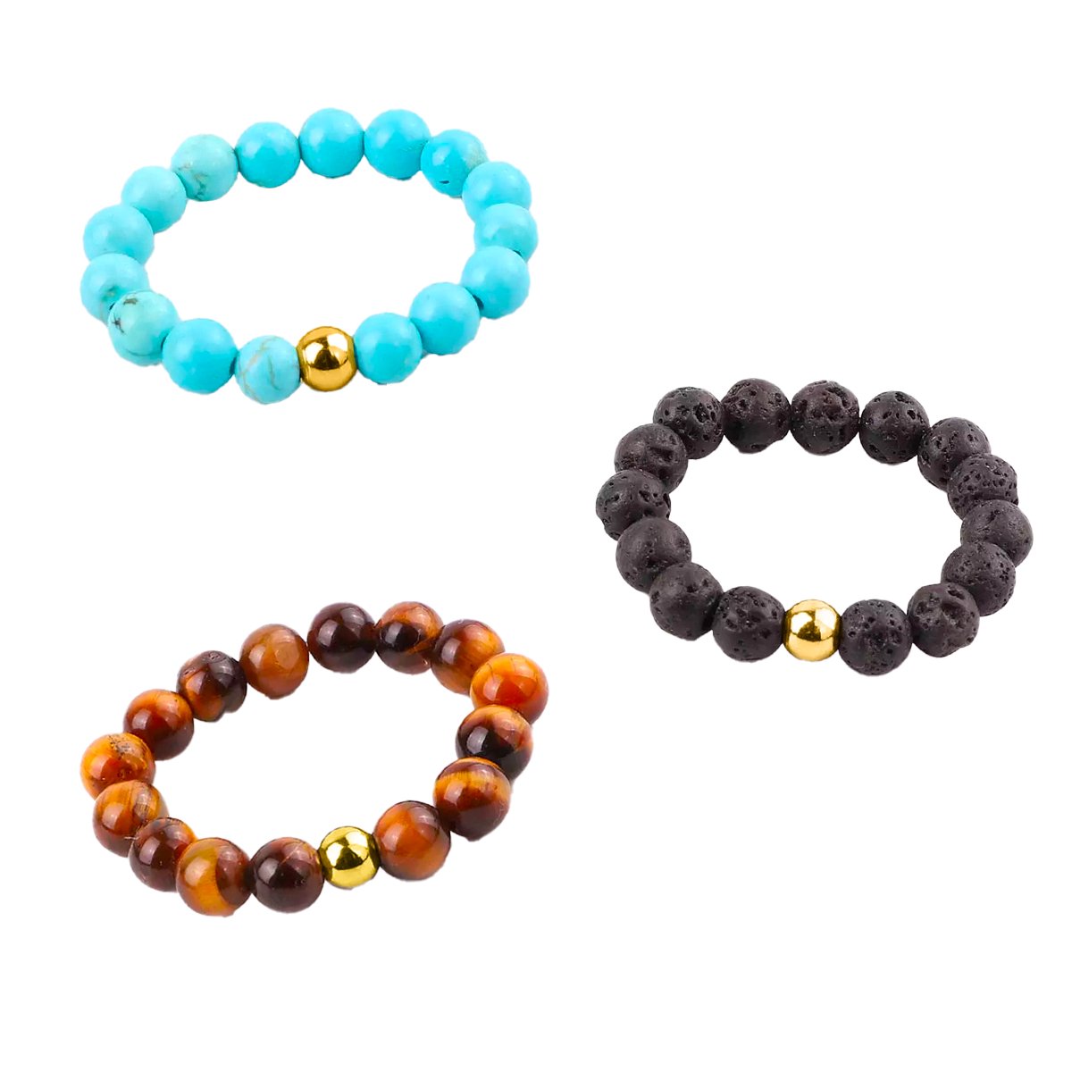 Bixorp Gems Edelstenen Ringen Set Turkoois + Lavasteen + Tijgeroog - Kralenring