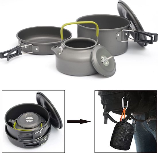 Camping Kochgeschirr Set, Portable Camping Töpfe mit 0.8L Teekessel Outdoor Kochset Kochtopf Pan Set für 2-3 Persone BBQ Wandern Kochen van Camp — afbeelding 4