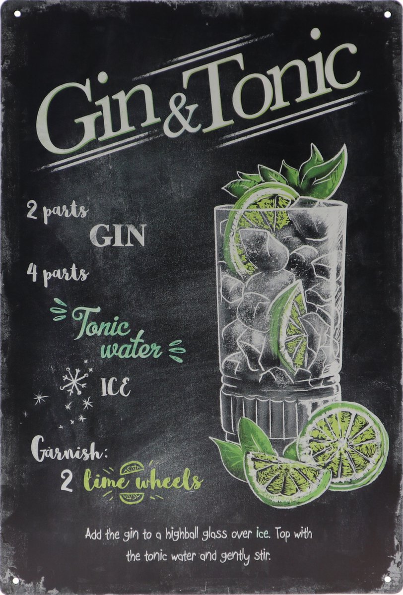 Vintage art Wandbord – Gin & Tonic - Cocktail - Retro - Wanddecoratie – Reclame bord – Restaurant – Kroeg - Bar – Cafe - Horeca – Metal Sign – 20x30cm Multi
