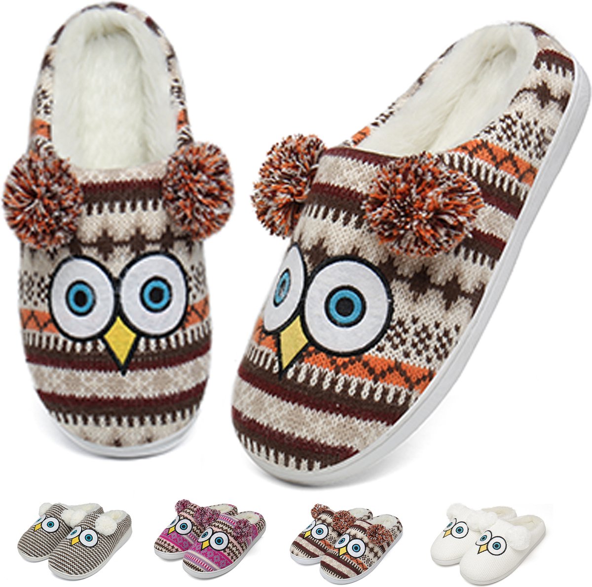 Geweo Home Sloffen - Pantoffels - Open Sloffen - Uil Antislip Warme Fleece Pantoffels - Unisex - Kerstmis - Kerstfeest - Christmas Gift  - kastanjebruin - Maat 39/40