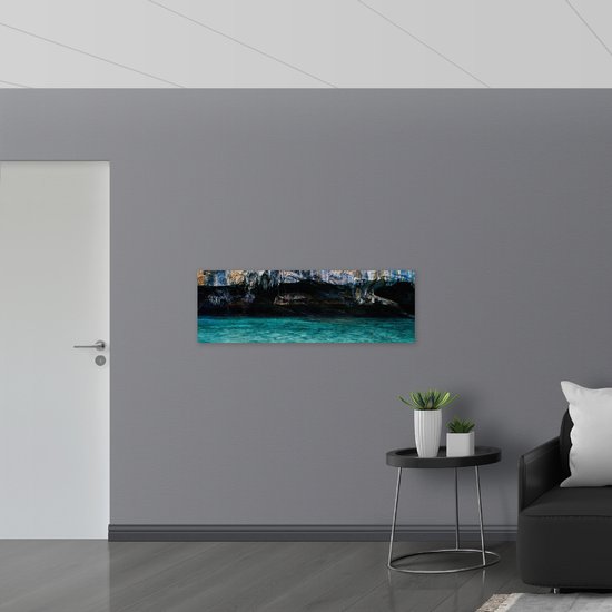 Acrylglas - Blauw Meer onder de Bergen - 120x40 cm Foto op Acrylglas (Met Ophangsysteem)