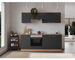 Goedkope keuken 210  cm - complete keuken met apparatuur Gerda  - Beuken/Grijs   - elektrische kookplaat    - afzuigkap - oven    - spoelbak
