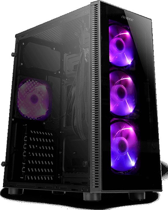 Zwarte computerkast met glazen zijkant en drie paarse LED-ventilatoren aan de voorkant.