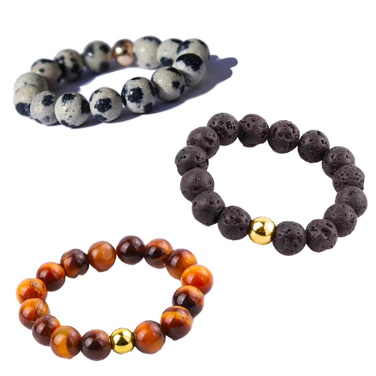 Bixorp Gems Edelstenen Ringen Set Dalmatiër Jaspis + Lavasteen + Tijgeroog - Kralenring