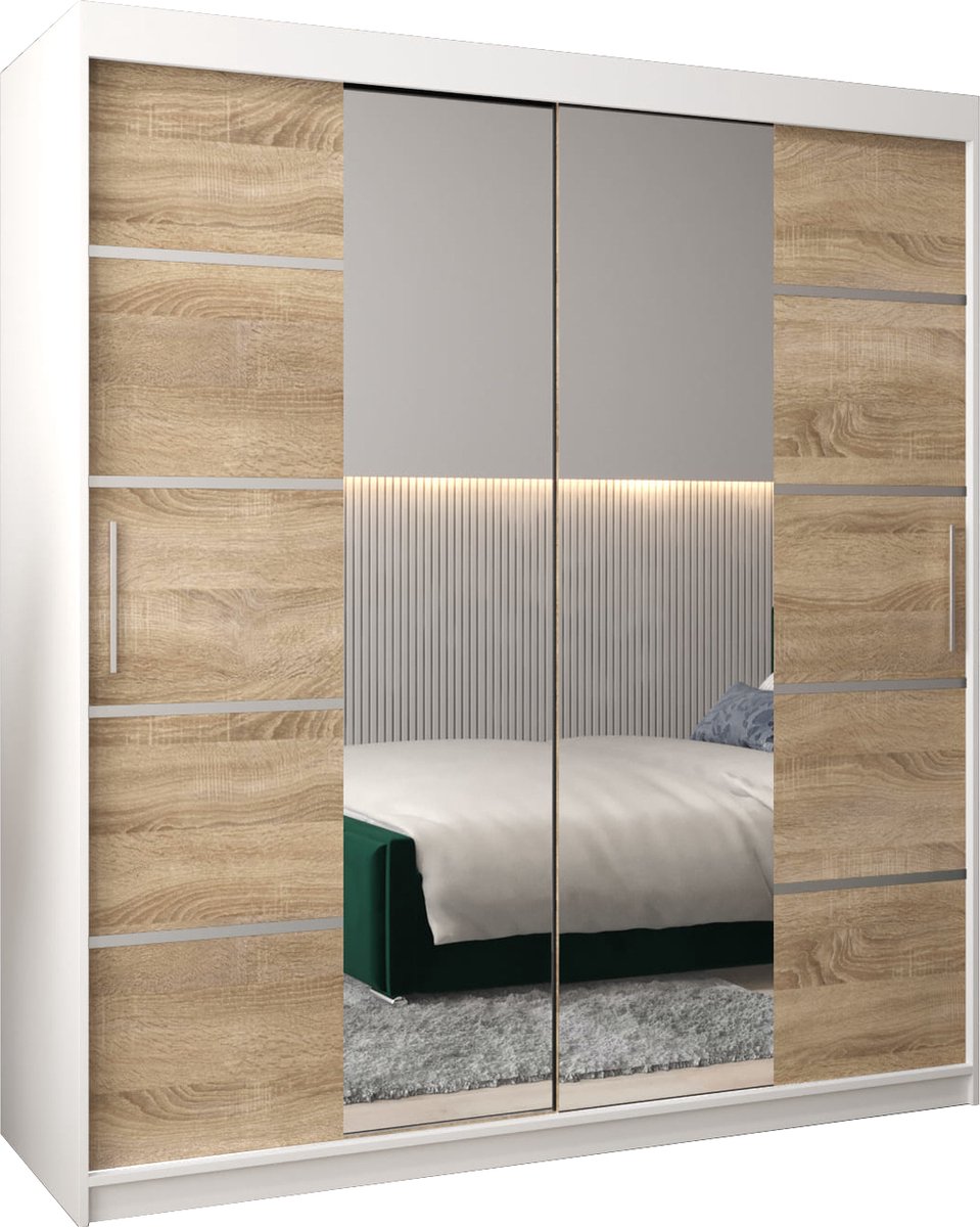 AJE Meubles B.V. InspireMe - Kledingkast met 2 schuifdeuren, Modern-stijl, Kledingkast met planken (BxHxD): 180x200x62 - VENTILA IV 180 Wit Mat + Sonoma Eik met 4 lades