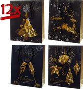 12x stevige zakken kerst + glitter verpakking geschenktasje christmas 4 ass. (24x20x8)cm