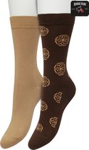 Bonnie Doon Dames Sokken set Beige/Bruin maat 36/42 - 2 paar - Effen - Print - Bloem - Gladde Naden - Brede Boord - Uitstekend Draagcomfort - 2-pack - Multipack - Effen - Mini Mandala - Macaroon - Bracken - OL221512.158