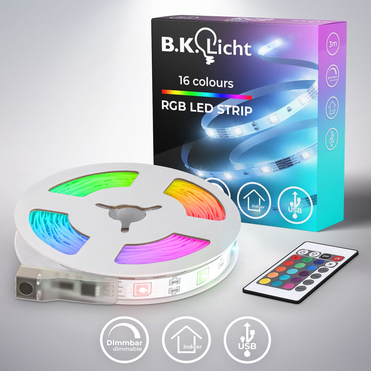 B.K.Licht - Led Strip - 3 meter - USB - RGB - dimbaar - met afstandsbediening