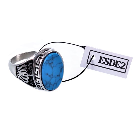 Zegelring Heren - Stalen Zilver Kleur - Ring met Turquoise Steen - esde2