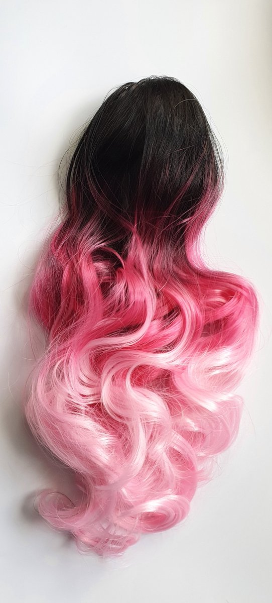 Paardenstaart hairextensions Funny Color Pink Krul 55 Klem Vlinderklem haarstuk Ponytail
