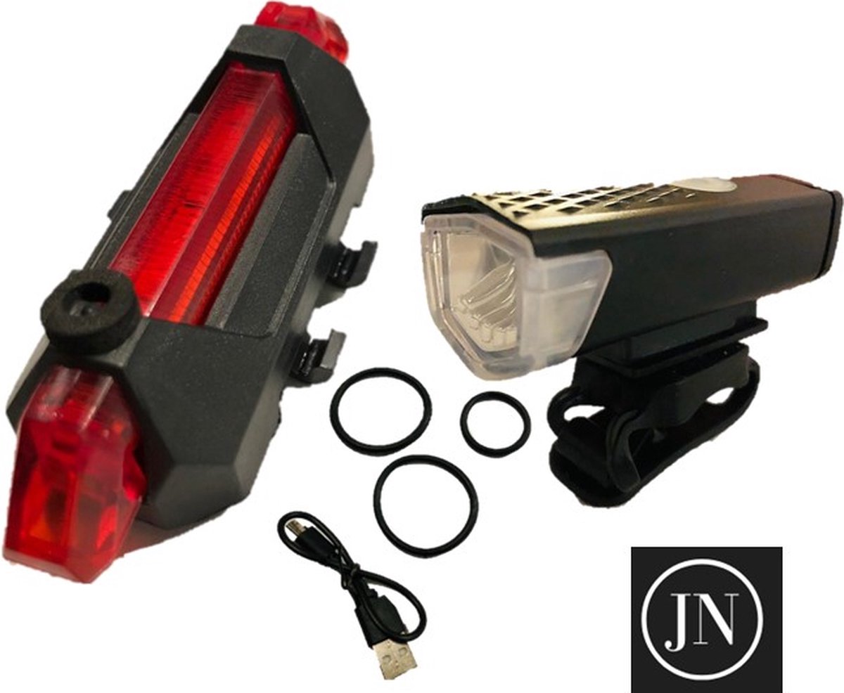 JN Waterdichte oplaadbare fietslamp - fietsverlichting - voor en achter - 300 lumen - Superfelle fietsverlichting met USB-kabel - Combi deal - set