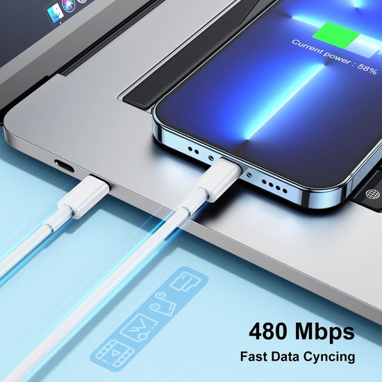 2 Meter Geschikt voor: Lightning kabel naar USB-C Male oplaadkabel Geschikt voor: Apple iPhone iPod Airpods & iPad - Wit - Ar202