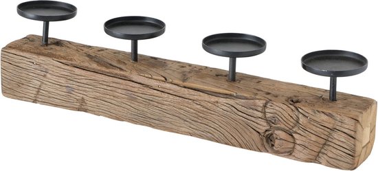 Metaal/houten design kaarsenhouder zwart 50 x 7 x 13 cm - Stompkaarsen/waxinelichtjes houder voor 4 kaarsen