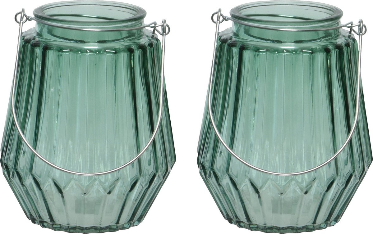 Decoris 2x stuks theelichthouders/waxinelichthouders streepjes glas zeegroen met metalen handvat 11 x 13 cm - Windlichtjes/kaarsenhouders