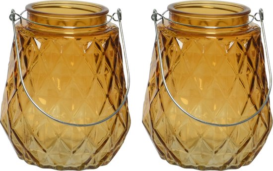 2x stuks theelichthouders/waxinelichthouders ruitjes glas cognac/oranje met metalen handvat 11x13 cm - Windlichtjes/kaarsenhouders