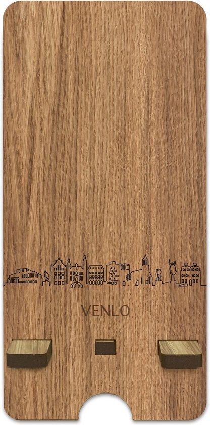 Skyline Telefoonhouder Venlo Eikenhout - Smartphone Tablet Houder 7x15 cm - iPad / iPhone / Smartphone tafel standaard desktop - Thuis werken - Cadeau - WoodWideCities