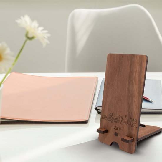 Skyline Telefoonhouder Venlo Eikenhout - Smartphone Tablet Houder 7x15 cm - iPad / iPhone / Smartphone tafel standaard desktop - Thuis werken - Cadeau - WoodWideCities