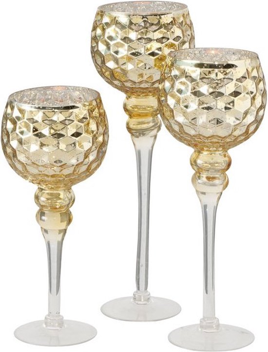 Luxe glazen design kaarsenhouders/windlichten set van 3x stuks champagne/goud transparant met formaat tussen de 30 en 40 cm