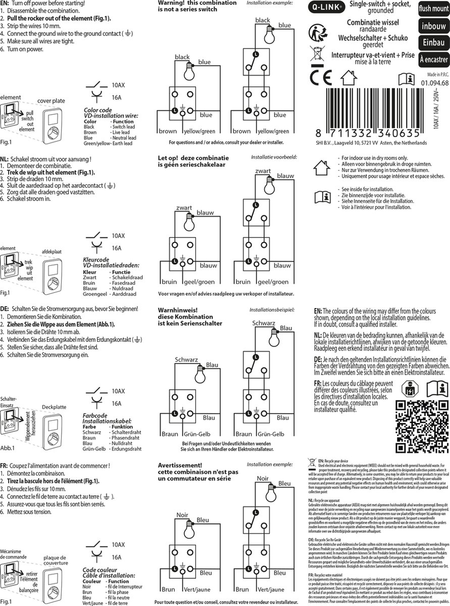 Qlink Stopcontact met Wisselschakelaar Zwart Combinatie
