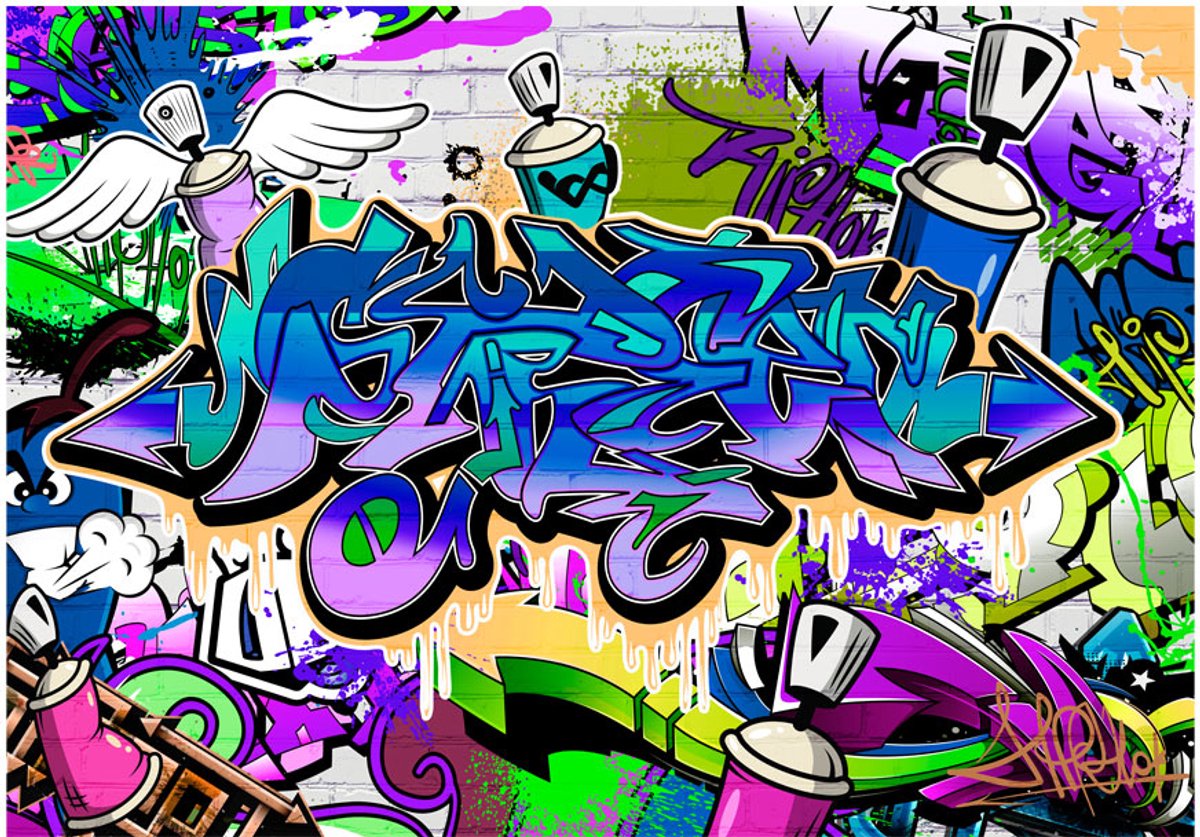 Fotobehangkoning - Behang - Vliesbehang - Fotobehang Graffiti - Muurschildering - Straatkunt - Kunst - Graffiti: violet theme - 400 x 280 cm
