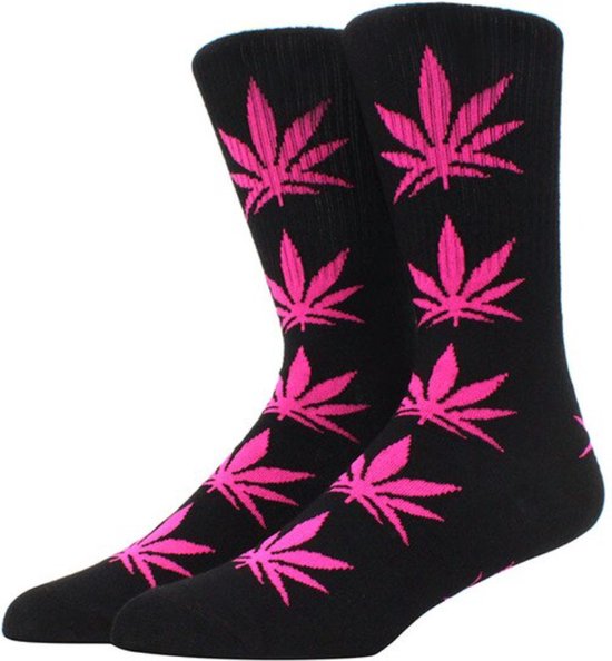 Wietsokken - Cannabissokken - Wiet - Cannabis - Zwart -roze- Unisex sokken - Maat 36-45