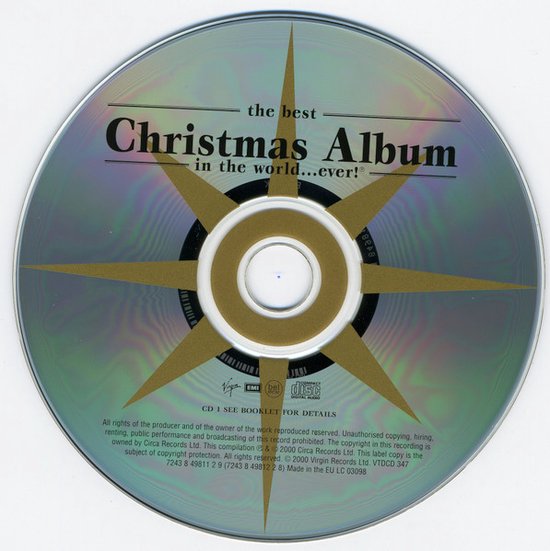 CD met goudkleurig sterpatroon, 'the best Christmas Album in the world...ever!' tekst en informatie.