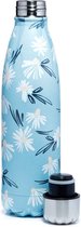 Blauwe thermos met bloemen - Puckator-heet/koud-water-fles onderweg-thermosfles-handig-drinkfles